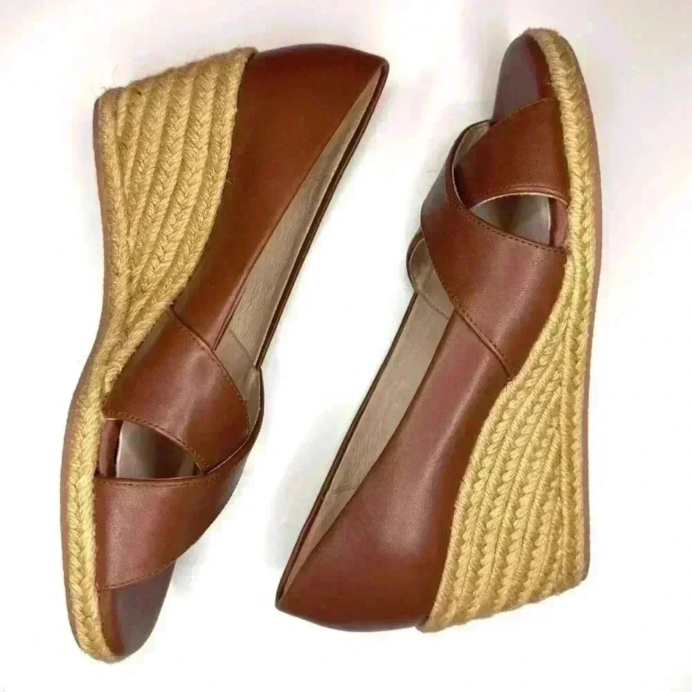 Jack Rogers Womens PALMER Crisscross Wedge Espadrille Heels Mocha Leather SZ-6